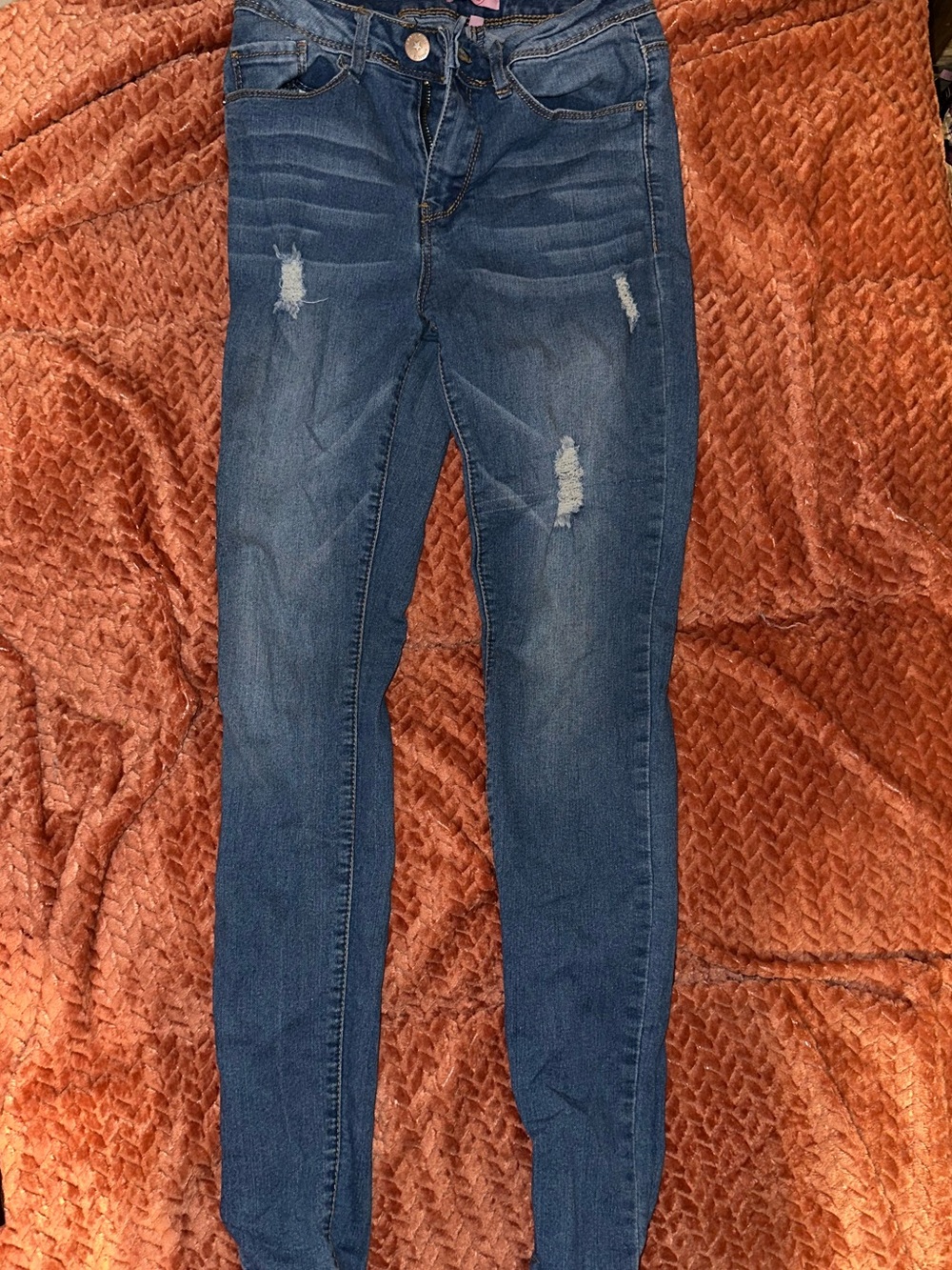 Women’s Mid-Rise Dark Blue Skinny Jeans — Distressed Stretch Denim